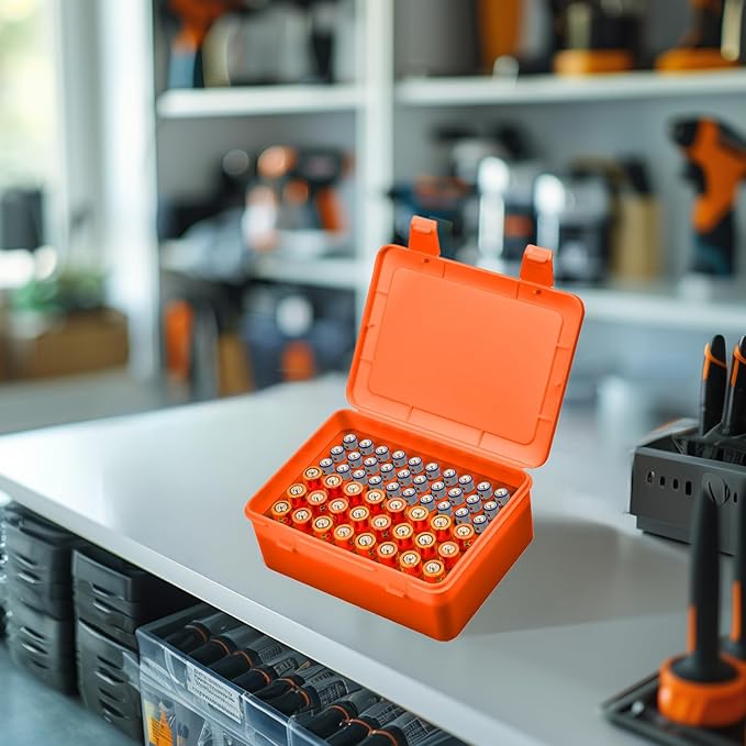 Battery Organizer Storage Box, Garage Case Holder for 24* AA, 30* AAA Batteries (Bag Not Include Batteries Pack) (orange)