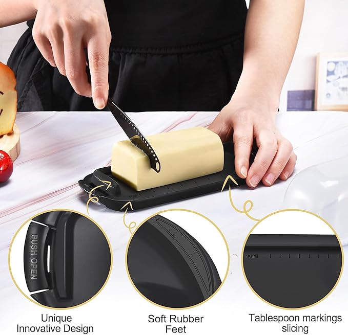 AONCO Butter Dish, Butter Container Holds with Clear Lid for Countertop, Unbreakable Butter Keeper for Home Kitchen Decor, Perfect for East/West Coast Butter, BPA-free (Black)