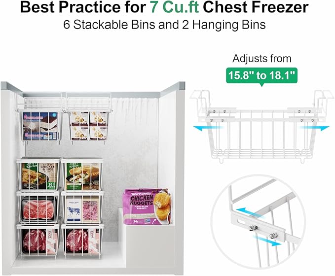 iSPECLE Deep Freezer Organizer Bins - 15.8~18.1 Inch Freezer Baskets for Chest Freezer, 7 Cu.Ft Chest Freezer Organizer Bins, 2 Small Expandable Hanging Baskets and 4 Stackable Bins, 6 Pack, White