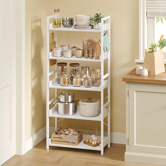 Rolanstar Bookshelf 5 Tier with 4 Hooks, Industrial Wood Bookcase, Vintage Storage Rack with Open Shelves, Rustic Standing Bookshelves Metal Frame Display Rack for Living Room, Bedroom, White