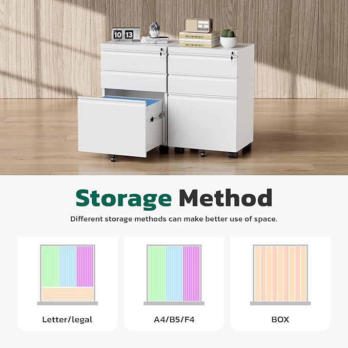 Greenvelly 3 Drawer Mobile File Cabinet with Lock, Fully Assembled Rolling File Cabinet Except Casters, Under Desk File Cabinet with Wheels for Home Office Fit Legal/Letter/A4 File (Assembled, White)