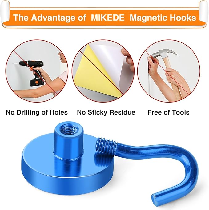 MIKEDE Magnetic Hooks Heavy Duty, 10 Lbs Magnet with Hooks for Cruise Cabins, Strong Magnets Neodymium for Hanging, Magnetic Wall Hooks for Refrigerator, Locker, Workplace(Blue, 10 Pack)