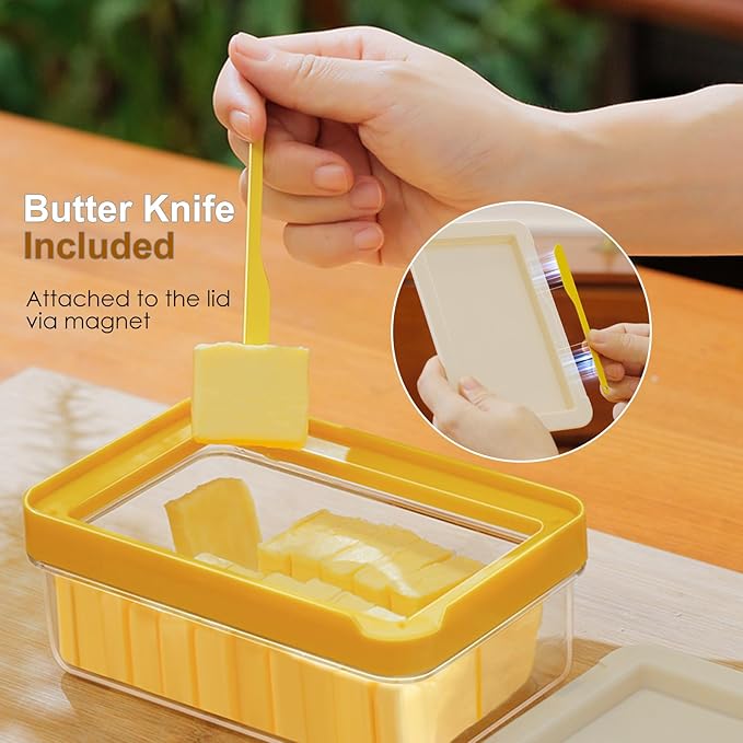 Butter Cutter Slicer with Lid and Knife for Countertop and Refrigerator, Airtight Butter Keeper Container, Butter Holder for East/West Coast Butter