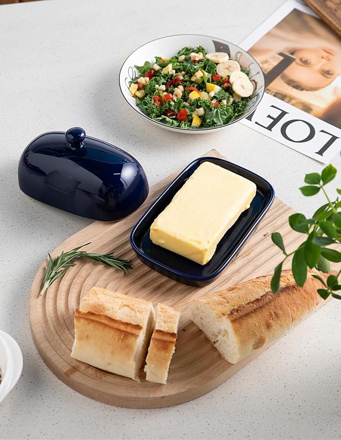 Sweejar Ceramic Butter Dish with Lid for Countertop,Porcelain Butter Keeper with Knob Handle,Butter Container for East/West Coast Butter, 7.1*3.7 inches (Navy)
