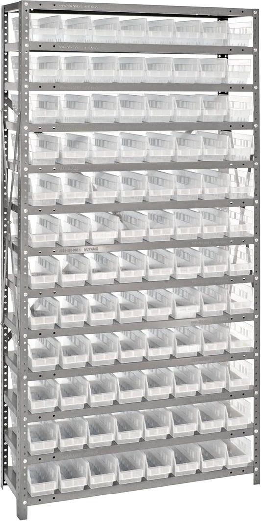 Quantum Storage Systems 1275-101CL Clear-View Sloped Shelving Unit with 4" Shelf Bins, 96 QSB101 Shelf Bins, 12" D x 36" W x 75" H