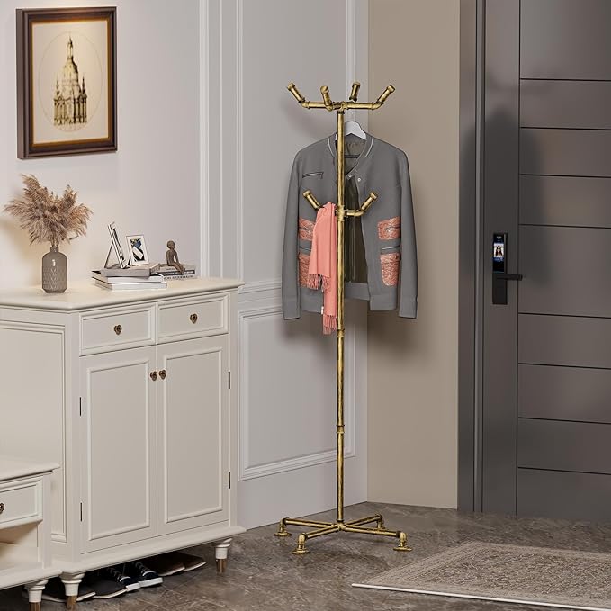 Industrial Coat Rack, Metal Pipe Coat Rack Stand Freestanding with 6 Hooks, Heavy Duty Coat Tree Sturdy Coat Racks for Entryway, Hallway, Bedroom (Vintage gold)