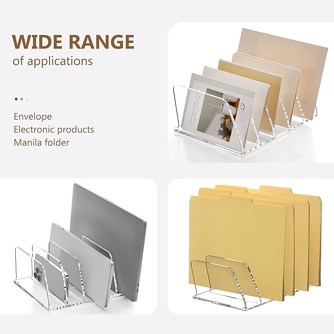 SANRUI Acrylic File Organizer for Desk, Clear 5-Section Vertical File Folder Holder Stand File Sorters, Mail Envelope Document Organization Rack Bookshelf for Office, Home, Classroom