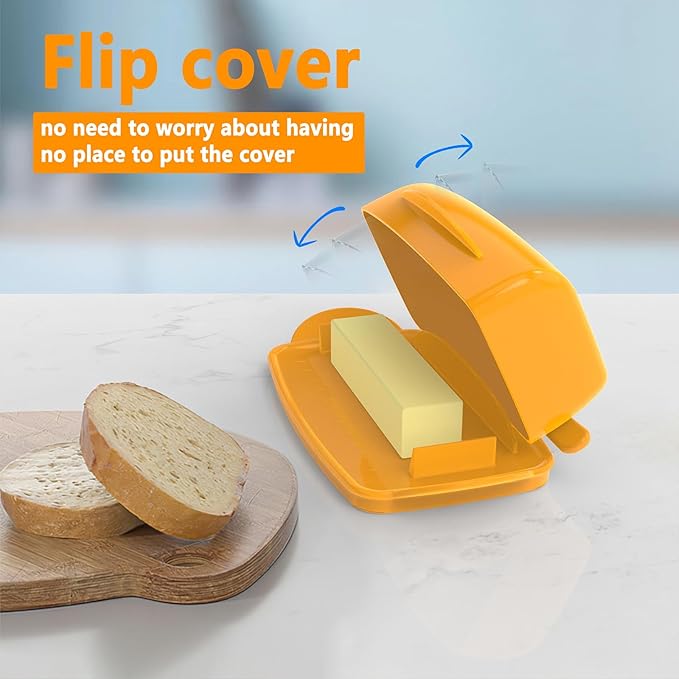 Butter Dishes with Lid for Countertop Refrigerator, Plastic Butter Dish Clear Flip Top Lid Butter Container with Spreader, Non-Slip Bottom Butter Holder Keeper (Orange)