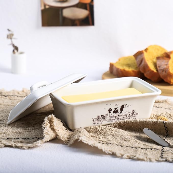 Ceramic Butter Dish with Lid Butter Keeper Butter Plate Tray for Kitchen Countertop, Farm Animals Cow Pig and Rooster Pattern Butter Crock Keeper Saver
