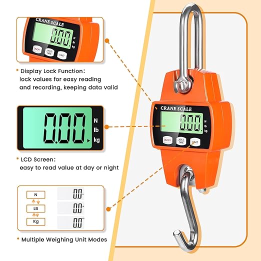 Digital Hanging Scale, 1102lb Crane Scale, 500kg Orange Digital Electronic Weighing Scale with LCD Display for Hunting, Outdoor, Bass Fishing, Big Game, Farm