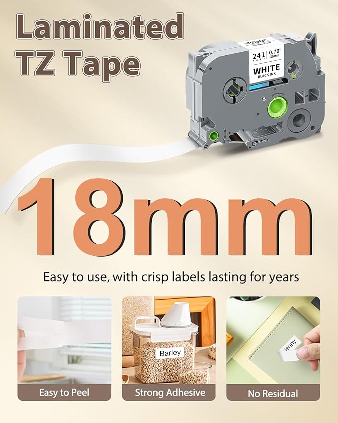 TZe-241 TZ 18mm 0.7 Laminated White Compatible with Brother Label Maker Tape 3/4" PTouch Tape TZe241 Work with Brother P Touch D410 D460BT 2040 1880 1890 E550W P700 P710BT, 6-Pack