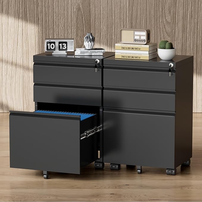 Greenvelly 3 Drawer Mobile File Cabinet with Lock, Metal Filing Cabinet on Wheels, Under Desk File Cabinet for Home Office Organizer Letter/Legal/A4 File (Assembly Required, Black)