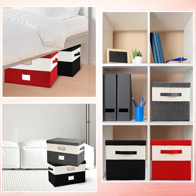 Large Linen Fabric Foldable Storage Bins with Removable Lid and Handles, Washable Storage Box Organizer Containers Baskets Cube with Cover for Bedroom,Office(Black&Cream, Large)