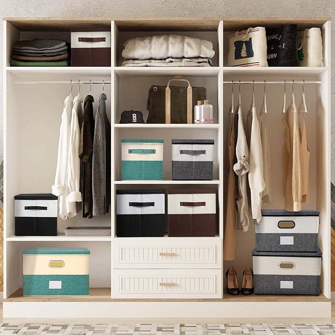 Large Linen Fabric Foldable Storage Bins with Removable Lid and Handles, Washable Storage Box Organizer Containers Baskets Cube with Cover for Bedroom,Closet,Office (Black&White, Medium)