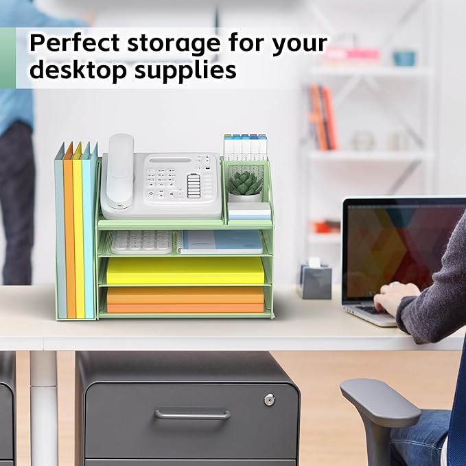 DocNest 4 Tier Paper Letter Tray File Organizer, Mesh Desk File with Handle, Workspace Desk Organizers with Pen Holder, Office Organization Storage Accessories - Green
