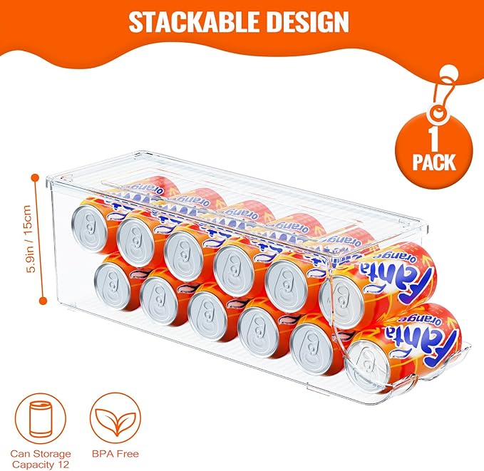 Soda Can Organizer for Refrigerator, Stackable Canned Food Pop Cans Container Can Holder Dispenser with Lid for Fridge Rack Freezer, Clear Storage Bins-Holds 12 Cans Each (One)