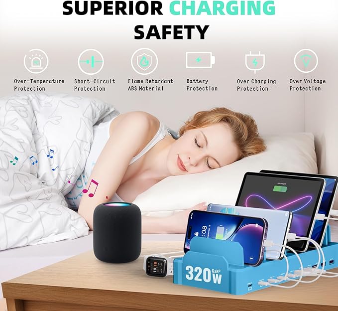 320W Charging Station for Multiple Devices, Zobirez 10-Port USB C Fast Charger Stations for MacBook, iPhone, Android Cell Phone, iPad, Tablet, Family Multi-Device Organizer Charging Dock, Blue