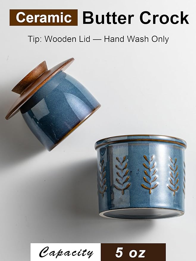 Ceramic Butter Dish with Lid, Butter Crock for Countertop, French Butter Keeper, Elegant Embossed Pattern, Blue
