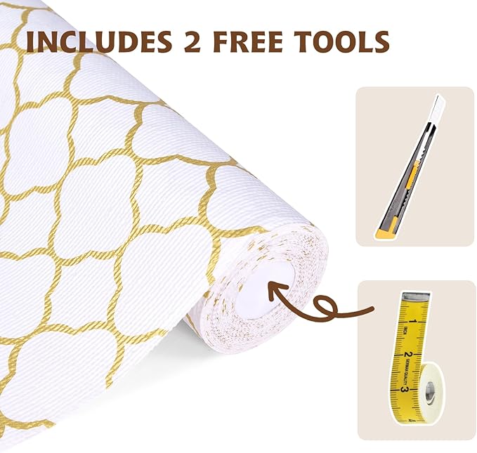 Shelf Liners for Kitchen Cabinets 23in x 30FT Non Adhesive Drawer Liner Gold Quatrefoil Thickened Shelf Liner Paper Strong Non-Slip Easy to Clean for Tool Box Refrigerator with Knife and Tape Measure
