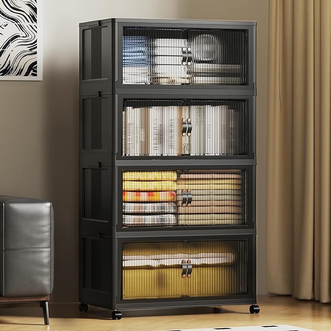 SAILUN 127Gal/508Qt Stackable Storage Bins Folding Collapsible Storage Bins with Lid, Closet Organizers and Storage Box with Door Black 28" W x 17" D x 61" H