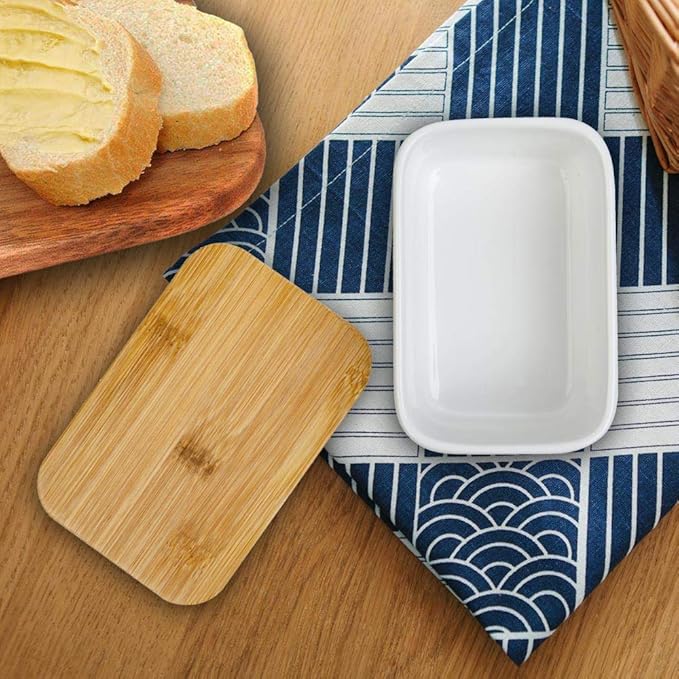 Porcelain Butter Dish with Lid,Ceramic Butter Dish with Bamboo Lip,Butter Keeper Container with Cover for Countertop or Refrigerator,Heat Resistant Kitchen Butter Storage Dish,White (300ml)