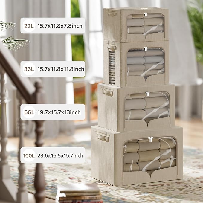 FHSQX 3 Pack Clothes Storage Bins - Foldable Metal Frame Storage Box - Stackable Linen Fabric Container Organizer Set with Carrying Handles and Clear Window (Beige, 19.7x15.7x13inch(66L))
