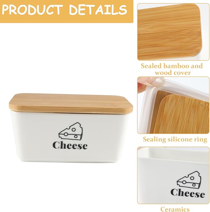 Cheese Container for Refrigerator,Shredded Cheese Container with Bamboo Lid,Ceramic Cream Block Sliced Cheeses Storage Box,Grated,Cheddar Cheeses Saver for Fridge,Kitchen Organizer