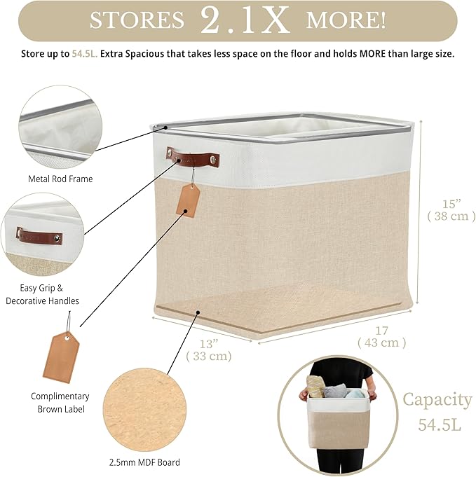 DECOMOMO Extra Large Storage Baskets, 54.5L Fabric Storage Bins for Organizing Linen Closet, Nursery (Beige & White, XXXL - 3 pack)