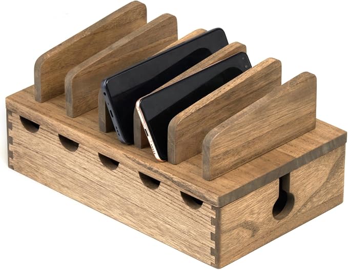 KIRIGEN Wood Charging Station Rack Organizer for Multiple Devices Desktop Organizer with 5 Ports for Cell Phones, Tablets, Earphones Wooden Cable Management DDXH-DBR