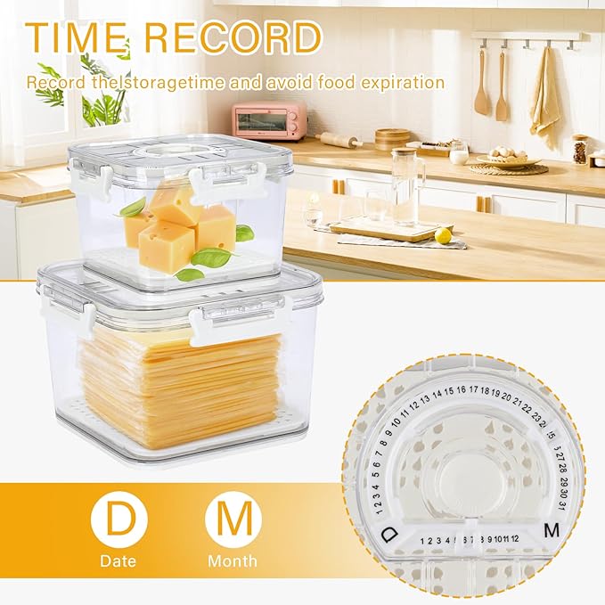 Cheese Container for Refrigerator,2 Pack Cheese Keeper with Airtight Lid and Time Recording,Cream Block Shredded Cheeses Storage Box,Sliced,Grated,Cheddar Cheeses Box Keeper for Fridge,kitchen