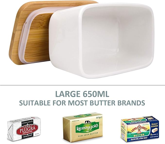 Butter Dish with Lid, LARGE 650ml Porcelain Keeper with Bamboo Lid Cover for 2 Sticks of Butter, Microwave Safe Easy Clean Butter Storage Container for Countertop and Refrigerator (White)