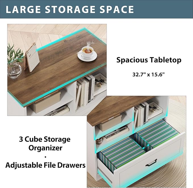 LVB Lateral File Cabinets for Home Office, Wood Filing Cabinet Drawers for Letter/Legal/A4/F4 Size, Farmhouse Storage File Cabinet Printer Stand with Open Shelf, 32.7 Inch, White and Rustic Oak