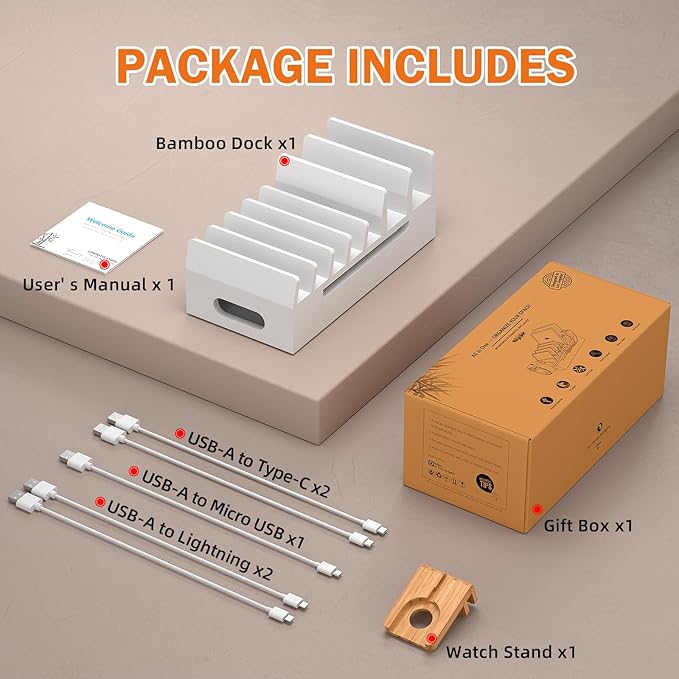 Pezin & Hulin Bamboo Charging Station with Watch Stand, Docking Holder for Multi Device with 5 Charge Cables, Desktop Dock Stations Electronic Organizer for Cellphone, Tablet, Watch-White