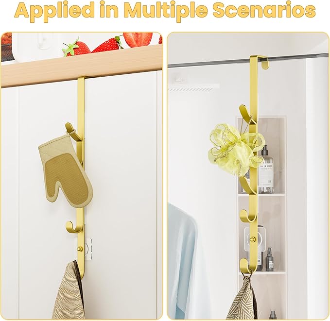 Over The Door Hooks, Metal Door Hooks for Hanging, Over The Door Purse Organizer for Door Coat Hanger, Back of Shower for Hanging Towel Rack Clothes, Hat, Bathroom, Closet (Gold-4Packs)