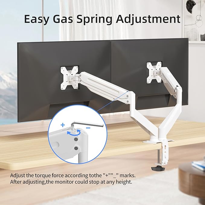 Suptek Dual Monitor Mount Stand-Height Adjustable Gas Spring Monitor Arm Desk Mount for 2 Monitor Screens 17 to 32 inches - Each Arm Holds up to 22lbs,White(MD8SPW)