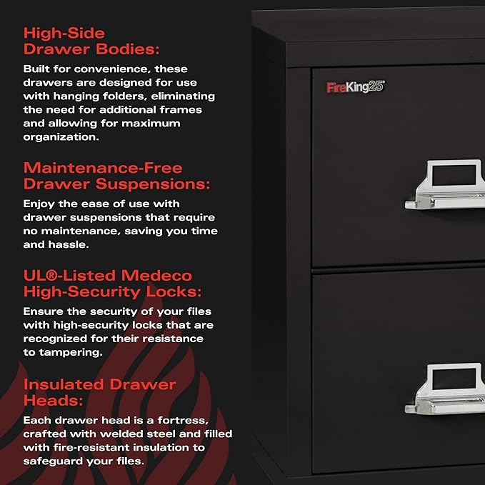 FireKing Vertical 2 Drawer Letter Fire Safe File Cabinet with Key Lock, 1 Hour Fire Rated, UL Rated & Water Resistant Home Safe, Made in The USA, Black
