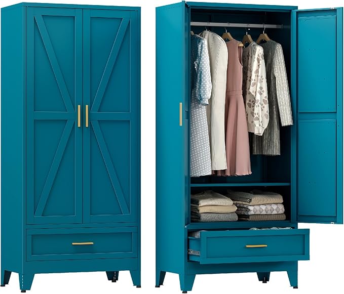 Farmhouse Wardrobe Cabinet with 2 Drawers,Metal Wardrobe Closet with Hanging Rod,Metal Armoire with Adjustable Shelves for Bedroom,Living Room, Cloak Room,Office (Blue)