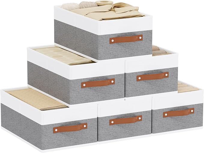 Storage Bins, 16.1 × 9.8 × 6.5 Inch Storage Cubes with Handles, Closet Organizers for Organizing Shelves, White and Grey, 6-Pack