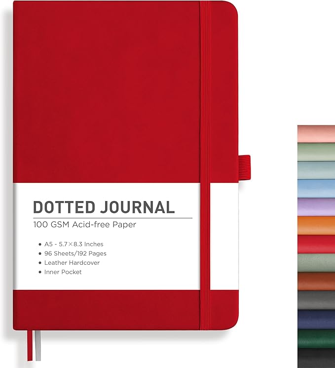 RETTACY Bullet Dotted Journal Notebook, 192 Pages, A5 Medium Size (5.7'' x 8.3''), Leather Hardcover, 100 GSM Thick Paper, for Bullet Journaling, Planning, Tracking (Red)