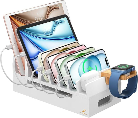 Pezin & Hulin Bamboo Charging Station with Watch Stand, Docking Holder for Multi Device with 5 Charge Cables, Desktop Dock Stations Electronic Organizer for Cellphone, Tablet, Watch-White
