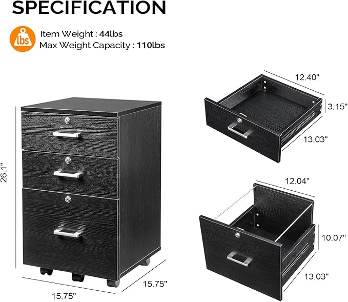 VINGLI 3-Drawer File Cabinet with Lock, Wood Rolling Filing Cabinets for Home Office, Mobile Printer Stand, Under Desk File Organizer for Letter Sized Files, 26" H(Caster Included), Black