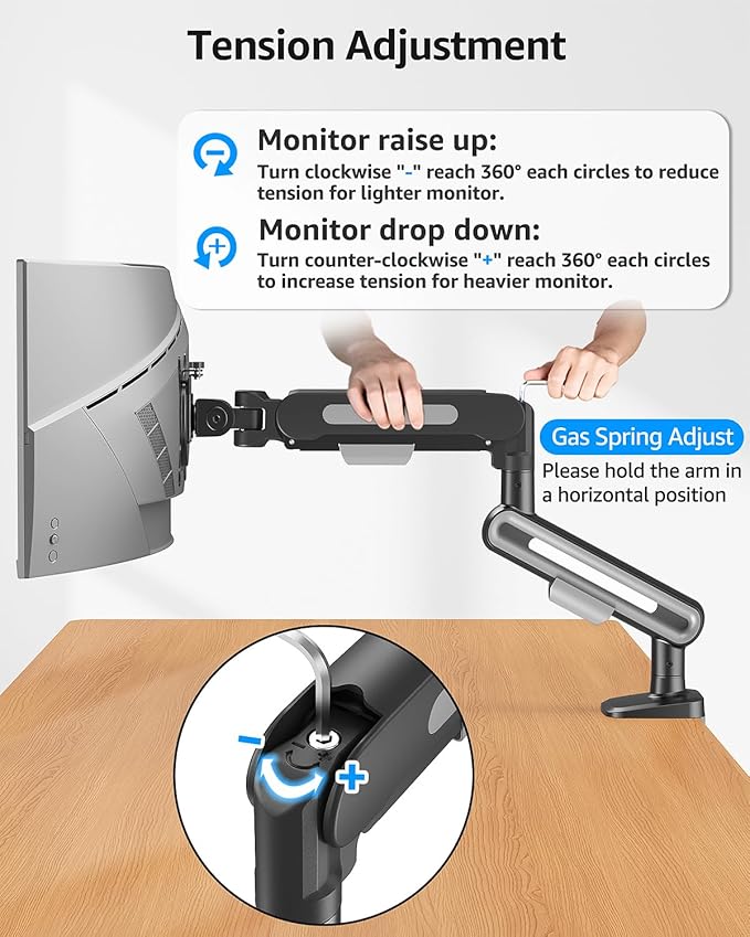 MOUNTUP Single Monitor Desk Mount for 4.4-26.5lbs, Heavy Duty Monitor Arm for 39 37 34 32 27inch, Full-Motion Monitors Stand, Height Adjustable Gas Spring Monitors Arm with C-Clamp＆Grommet Base