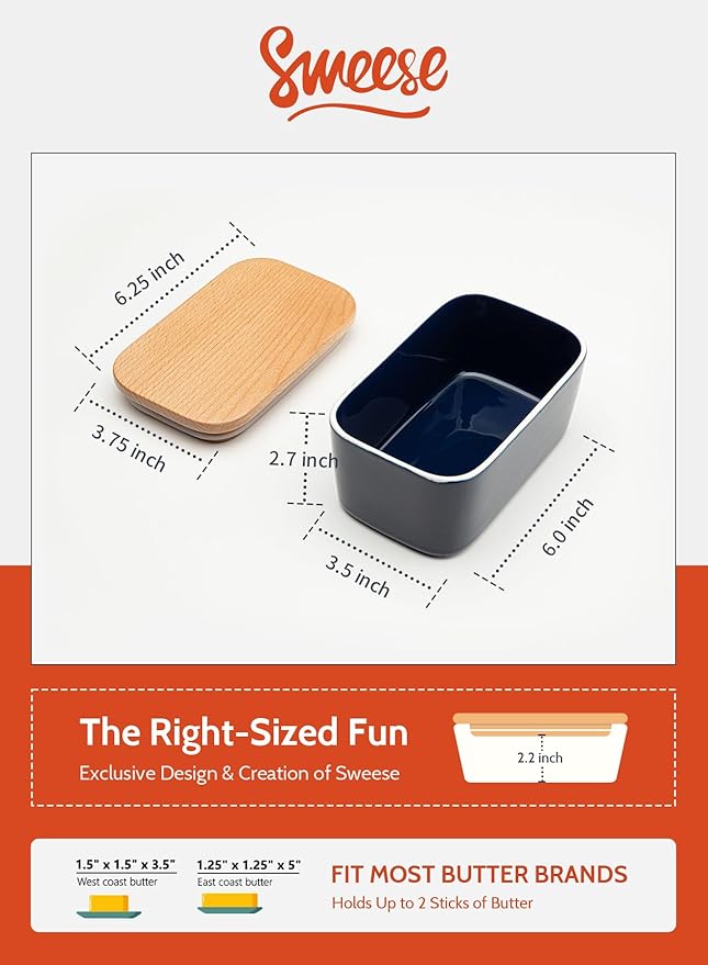 Sweese Large Butter Dish with Lid for Countertop, Airtight Butter Keeper Holds Up to 2 Sticks of Butter, Porcelain Butter Container for Kitchen Decor and Accessories for Kitchen Gift, Navy