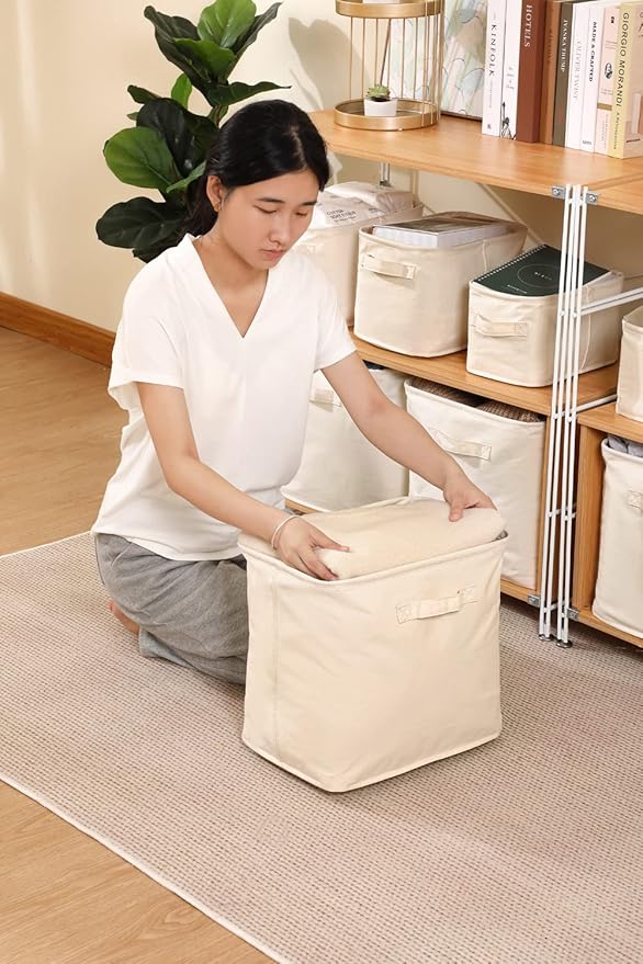 Decorative Basket Rectangular Fabric Storage Bin Organizer Basket with Handles for Clothes Storage (14.5 x 10.2 x 6.2, Beige)