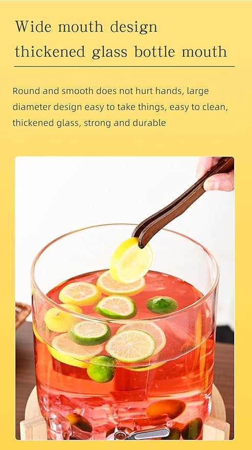 Glass Drink Dispenser, 2 gallons, With faucet wood stand Easy flow control, great for parties, bars & restaurants Large Glass Cold Beverage Dispensers.(2 gallon)