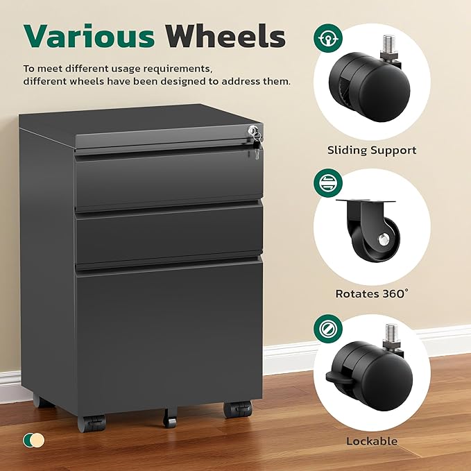 Greenvelly 3 Drawer Mobile File Cabinet with Lock, Metal Filing Cabinet on Wheels, Under Desk File Cabinet for Home Office Organizer Letter/Legal/A4 File (Assembly Required, Black)