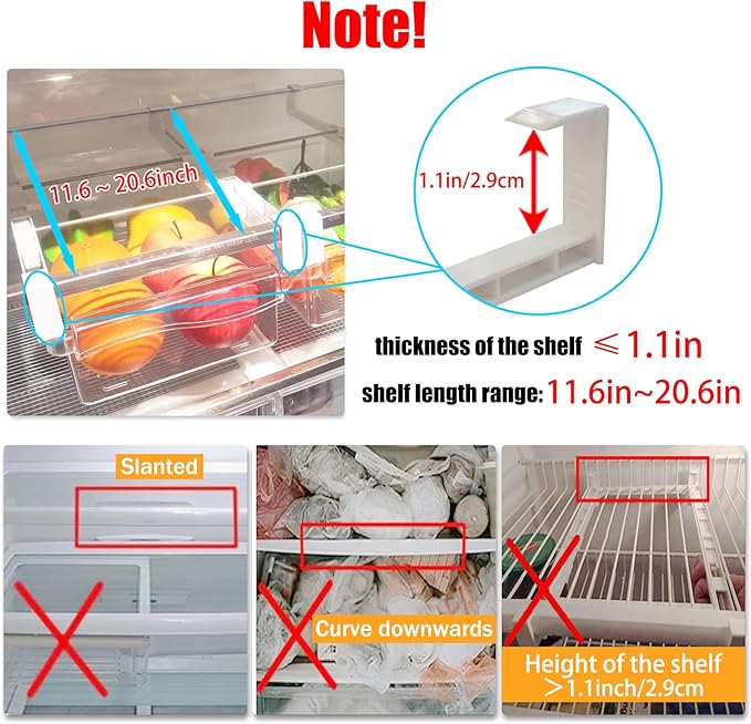 URALFA Fridge Drawer Organizer, Adjustable Refrigerator Drawers for Fruit and Vegetable, Pull Out with Handle, Shelf Holder Storage Box, Fit for Fridge Shelf Under 1.1"