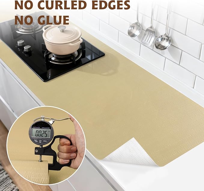Shelf Liners for Kitchen Cabinets 12in x 20FT, Non Adhesive Drawer Liner Pure Beige Thickened Shelf Liner Non-Slip Easy to Clean for Tool Box Refrigerator with Knife and Tape Measure