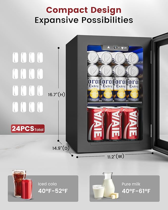 24 Cans Beverage Refrigerator Cooler - Mini Fridge with Glass Door, Soda Wine Beer Drink Fridge - Small Refrigerator for Office Home Bedroom Dorm Bar, Black