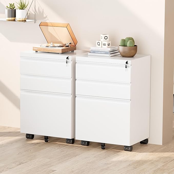 Greenvelly 3 Drawer Mobile File Cabinet with Lock, Fully Assembled Rolling File Cabinet Except Casters, Under Desk File Cabinet with Wheels for Home Office Fit Legal/Letter/A4 File (Assembled, White)
